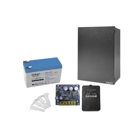 Kit con fuente PLB3 con salida de 12 Vcc a 4 Amper incluye transformador y batería de 12 V a 7 Amper