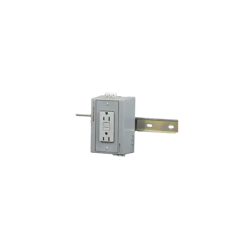 Caja Utilitaria para Montaje en Riel Din con Contacto Duplex de 15 A 125 V Nema 5 15R Gris. Caja Utilitaria para Montaje en Riel Din con Contacto Duplex de 15 A 125 V Nema 5 15R Gris.