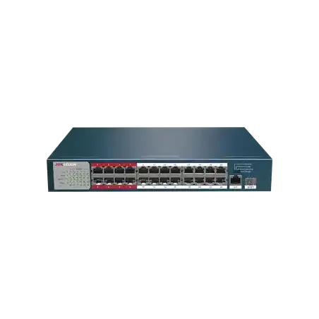 Switch PoE+   No Administrable   24 Puertos 100 Mbps PoE+   1 Puerto 1000 Mbps + 1 Puerto SFP Uplink   PoE hasta 250