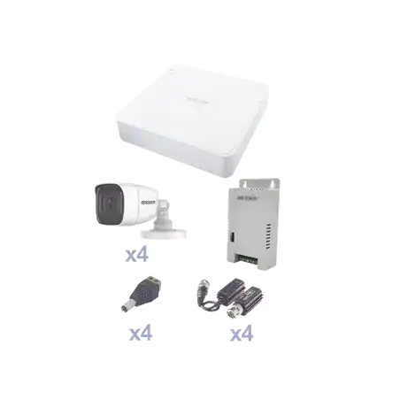 KIT TurboHD con Audio 1080p   DVR 4 Canales   4 Cámaras Bala (exterior 2.8 mm)   Transceptores   Conectores   Fuente