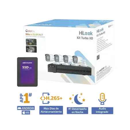 Kit TurboHD 1080p + SSD 1 TB   DVR 4 Canales   4 Cámaras Bala ColorVu con Micrófono Integrado   Fuente de Poder   Ac