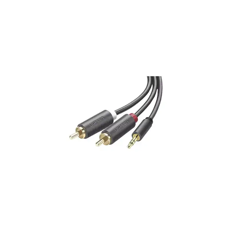 Cable Adaptador de 3.5mm Macho a 2 RCA Macho 5 Metros Color Gris Blindaje Múltiple ABS Alta Calidad