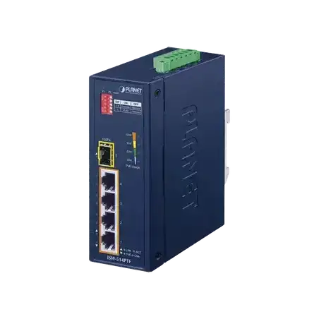 Switch industrial Temperatura de Operación: -40 a 75 grados C  4 puertos PoE 10 100 + 1 Puerto 100Base-FX